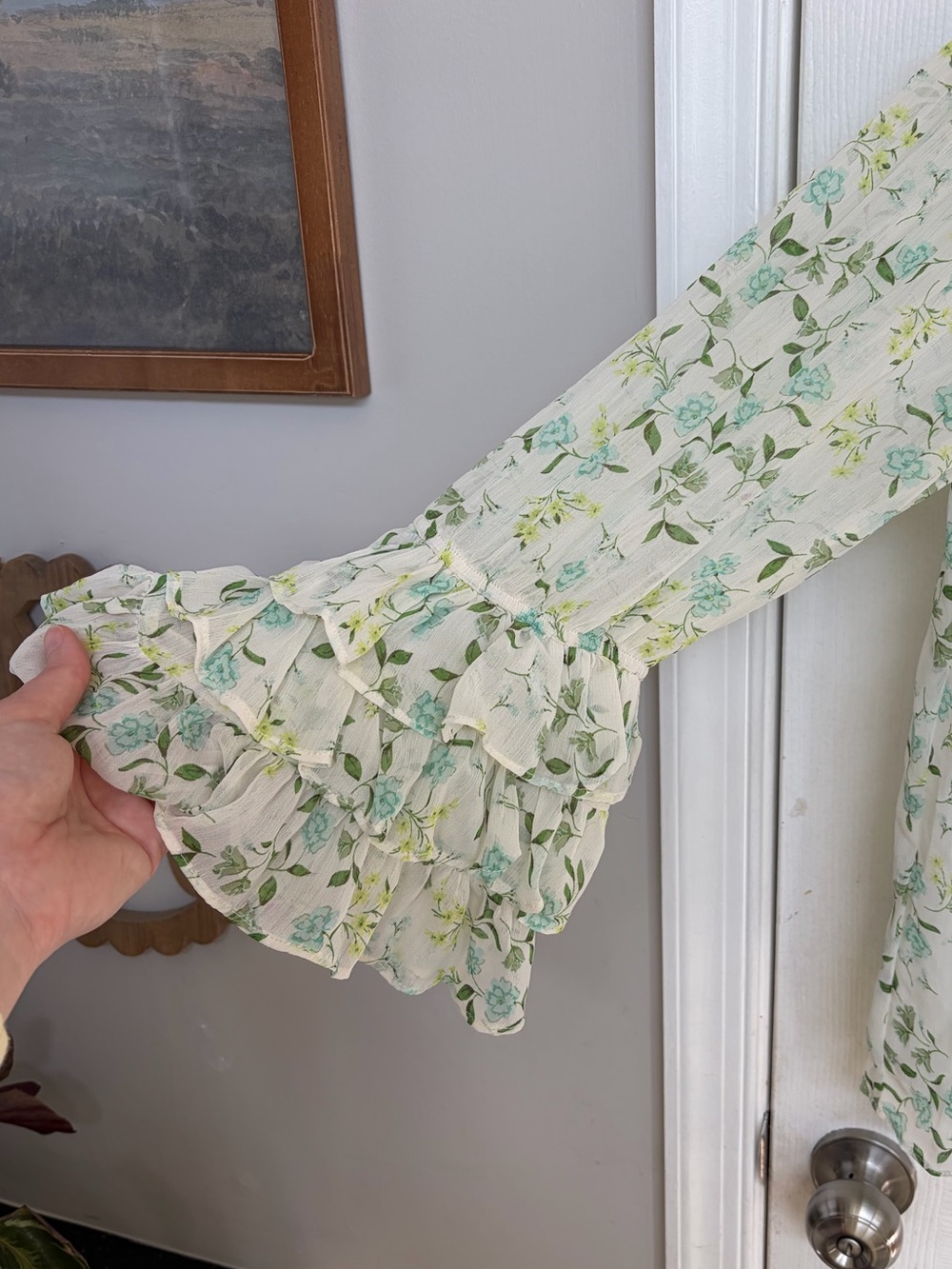 CeCe Off Shoulder Floral Ruffle Peasant Blouse Cottagecore Boho Top Large - Picture 3 of 8